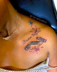 Tattoos For Emotions, 408 Tattoo, Shoulder Tattoos For Women Color, Broken Crayons Still Color Tat, Unique Neck Tattoos Women, Tattoos For Overcoming, Feminine Half Sleeve Tattoo Forearm, Cute Shoulder Tattoos For Women