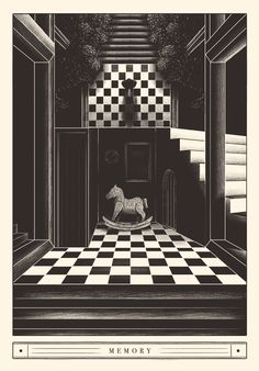 a black and white drawing of a horse on a checkerboard floor with stairs