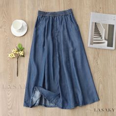 Lasaky - Premium Quality Semi-Silk Denim Skirt: Lightweight A-line Skirt with Loose Fit, High Waistband, and Adjustable Elastic Waist Diy Denim Skirt, Silk Midi Skirt, High Waisted Denim Skirt, Chinese Silk, Skirts Midi High Waisted, Denim Skirt Women, Denim Diy, Half Skirt, Denim Midi Skirt