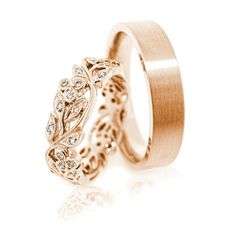 two gold wedding rings with diamonds on each one and the other in rose gold, against a white background