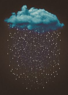 a blue cloud with rain drops falling from it's sides in the night sky