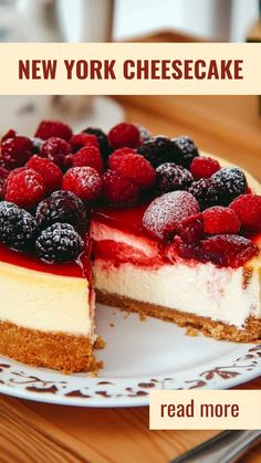 a cheesecake with raspberries and blueberries on top