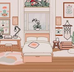 the bedroom is decorated in pastel colors and has plants on the window sill