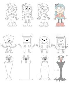 some cartoon characters that are drawn in pencil and ink, with the same character on each side