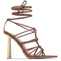 Sexy Strappy Mocha Sandals With Gold Heels. Brand New In Bag Brown Heels For Summer Party, Chic Brown Heels For Spring, Brown Strappy Heels For Summer, Brown Sandals For Summer Night Out, Chic Brown Heels For Evening, Chic Brown Evening Heels, Brown Open Heel Sandals For Night Out, Chic Brown Sandals For Night Out, Chic Brown Heels With Heel Strap