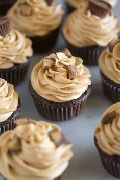 chocolate cupcakes with peanut butter frosting on top