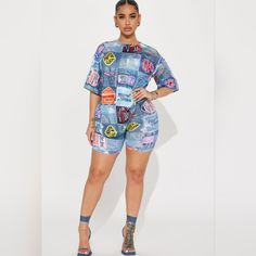 Get Ready For Those Upcoming Cruises, Vacations, Spring & Summer In This Cute Blue Fashion Nova Biker Set! Size Xl Nwot Stretch Biker Shorts For Summer Loungewear, Blue Graphic Print Short Tops, Blue Stretch Mini Shorts, Stretch Blue Mini Shorts, Spring Stretch Short Set, Blue Graphic Print Sets For Spring, Blue Stretch Short Sleeve Set, Trendy Short Length Loungewear Sets, Blue Graphic Print Bottoms For Summer