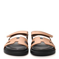 This is an authentic pair of HERMES Calfskin Womens Chypre Sandals size 37 in Gold. These stylish slippers feature smooth calfskin leather in brown. The toe strap is a cross-over large Hermes H and velcro strap. Velcro Straps, Calf Skin, Slippers, Sandals, Leather, Gold