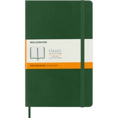 a green notebook with an orange stripe on the front and white pages, sitting in front of a white background