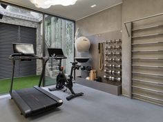 a home gym with treadmills and exercise equipment