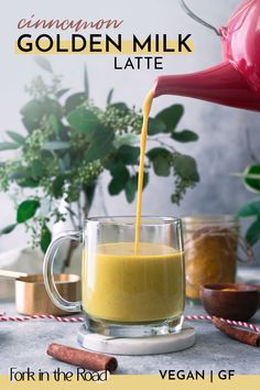 a glass mug filled with yellow liquid next to cinnamon sticks and potted greenery