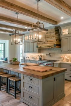 a large kitchen with an island in the middle