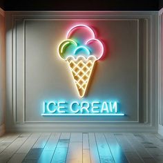 an ice cream sign is lit up with neon lights on the wall and below it are three scoops of ice cream