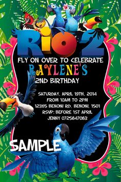 a birthday party flyer with tropical birds and flowers on the front, in bright colors