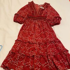 Nwt Max Studio Resort Dress With Ruffles, Cinched Waist And Floral Pattern. Red Tiered Midi Dress For Vacation, Red Tiered Mini Dress For Brunch, Red Ruffle Hem Dress For Vacation, Red Flowy Tiered Midi Dress, Flowy Red Tiered Midi Dress, Red Ruffle Hem Dress For Holidays, Red Holiday Dress With Ruffle Hem, Resort Dress, Sleeveless Knit Dress