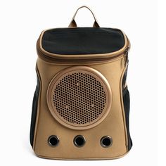 a brown and black backpack with speakers on it