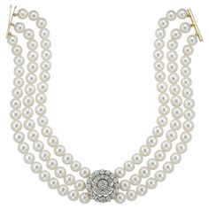 A diamond and cultured pearl necklace, the Victorian diamond centre-piece with an old brilliant-cut diamond centre, estimated to weigh 1.5 carats, surrounded by two rows of old-cut diamond estimated to weigh a further total of 5.2 carats, all cut down-set in silver to yellow gold back, circa 1890, strung with three rows of cultured pearls each measuring 8.5-9mm in diameter, to yellow gold cylindrical-clasp, the centre-piece measuring approximately 2.5cm in diameter, accompanied by detachable bro Buccellati Necklace, Victorian Choker Necklace, Pearl Diamond Pendant, Pearl And Diamond Necklace, Cultured Pearl Necklace, White Gold Necklaces, Pearl Diamond, Dream Jewelry, Silver Pearls