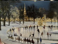 a painting of people skating on an ice rink in the snow at night with trees and buildings