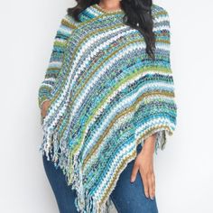 Multi Color Poncho Item Is One Size Fits 0 2 4 6 8 10 12 Or Xs S M Large Blue Poncho For Beach In Spring, Casual Blue Poncho For Spring, Blue Bohemian Poncho For Spring, Spring Blue Bohemian Poncho, Classic Sweaters, Bohemian Sweater, Preppy Women, Couture Sweaters, Holiday Presents