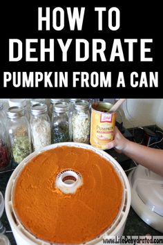 how to dehydrate pumpkin from a can in the kitchen with text overlay that reads, how to dehydrate pumpkin from a can