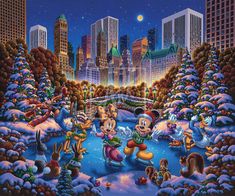 mickey mouse and friends in the snow by a cityscape with christmas lights on