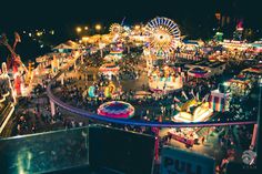 an aerial view of the fairground at night