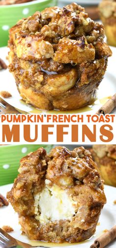 pumpkin french toast muffins on a white plate with the title in the middle