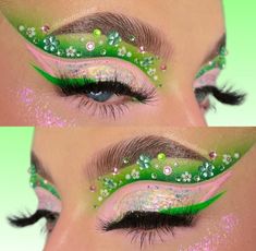 Eye makeup/ eye shadow looks/ green/ floral/spring Makeup Collage, Artsy Makeup, Flower Makeup, Green Makeup, Youtube Makeup