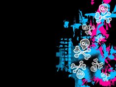 a black background with blue and pink skulls on the left side of the image is an illustration of a skull, crossbones, and bones