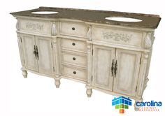 an old fashioned bathroom vanity with two sinks and marble counter top, on white background