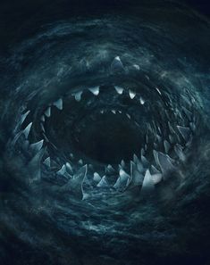 a shark's mouth is shown in the middle of a dark blue water tunnel