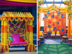 an outdoor ceremony with bright colors and decorations