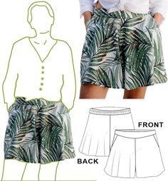 the front and back view of a women's shorts with palm leaves on it