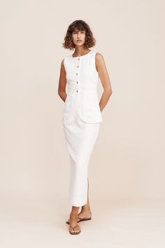 EMMA VEST IVORY - COMING SOON – THE POSSE US Feminine Fitted Linen Daywear Dress, Feminine Fitted Linen Dress For Daywear, Chic Fitted Linen Dress For Daywear, Chic White Linen Workwear Dress, Chic White Linen Dress For Work, Elegant Fitted Linen Day Dress, Elegant Fitted Linen Dress For Daywear, Feminine Fitted White Linen Dress, White Fitted Feminine Linen Dress