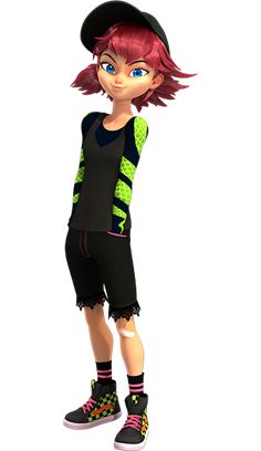 a cartoon girl with red hair and blue eyes wearing black shorts, a baseball cap and sneakers