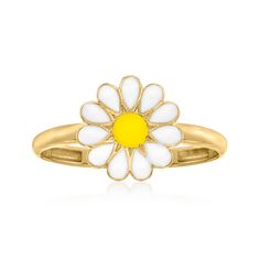 Ross-Simons - White and Yellow Enamel Daisy Ring in 14kt Yellow Gold. Size 6. A spring-inspired ring, this polished 14kt yellow gold daisy shines in white and yellow enamel. 3/8" wide. 14kt yellow gold and enamel daisy ring. Spring Yellow Gold Flower-shaped Jewelry, Spring Flower-shaped Yellow Gold Jewelry, White Spring Festival Jewelry, White Enamel Ring In 14k Gold, White 14k Gold Flower Ring, White 14k Gold Flower Ring Fine Jewelry, White 14k Gold Flower Shaped Ring, Timeless Looks, Sunflower Pendant