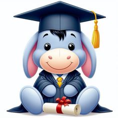 a cartoon elephant wearing a graduation cap and gown sitting on the ground with a diploma