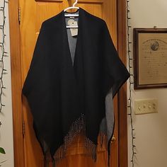 Super Soft Reversible Black Cape Shawl For Fall, Casual Black Shawl For Fall, Black Casual Shawl For Fall, Black Shawl Cape For Fall, Casual Black Shawl Outerwear, One Size Black Casual Shawl, Knit Poncho Sweater, Black Poncho, Fringed Poncho