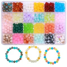 beads and bracelets are arranged in a plastic box with beading on the side