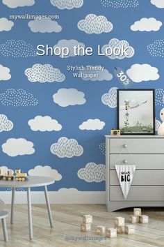 White Clouds on Blue Removable Background Headboard Accent Wall, Fun Accent Wall, Peel And Stick Wallpaper White, Nursery Room Decor Ideas, Neutral Nursery Rooms, Accent Wall Design