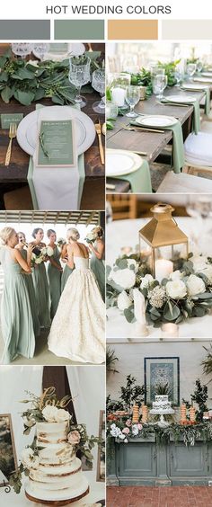 wedding color palettes with green and white flowers, greenery, candles, cake