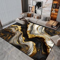 a modern living room with marble flooring and gold paint on the walls, along with white couches