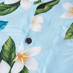 Introducing "Escape," a Hawaiian aloha shirt that evokes the tranquility of a tropical getaway. Adorned with white plumeria flowers boasting vibrant yellow centers and lush green leaves, all set against a serene light sky blue background, "Escape" invites you to immerse yourself in island bliss. Let the refreshing colors and delicate floral motifs of this shirt whisk you away to a place of relaxation and serenity, where the worries of the world fade into the gentle ocean breeze. Spread collar Sh White Plumeria Flowers, Cool Blue Background, Hawaii Crafts, Plumeria Flowers, Hawaiian Beach, Rayon Shirt, Hawaiian Beaches, Blue Hawaiian, Tropical Style