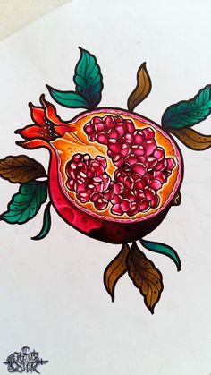 a drawing of a pomegranate with leaves on it