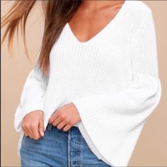 Perfect Condition, Nwt. Bell Sleeves, Slightly Cropped. Casual White Sweater For Brunch, White Winter Top For Brunch, White Winter Tops For Brunch, Flare Sleeve Sweater, Cute Blouses, Sweater White, Cotton Pullover, Free People Sweaters, Free People Sweater