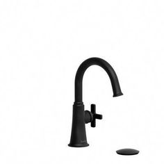 a black faucet with two handles and nozzles on the side, in front of a white background