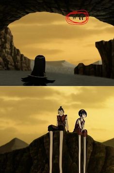 two anime characters sitting on top of a mountain