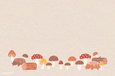 an illustration of mushrooms and logs on a beige background with space for text or image