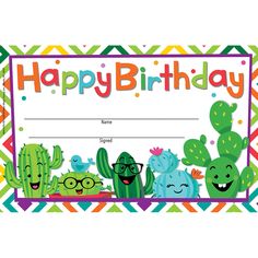 a happy birthday card with cactuses on it