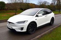 a white tesla model x is parked on the side of the road in front of some trees